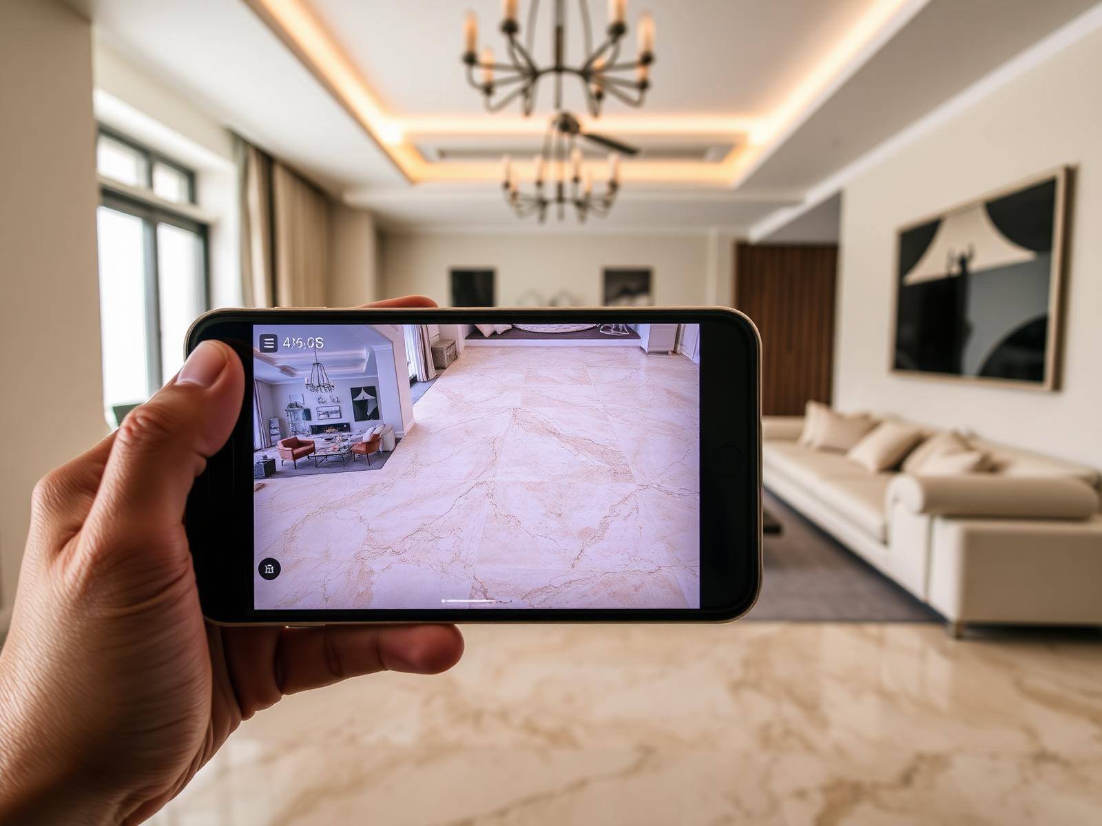 Customer previewing travertine tiles in their living room with the Roomvo visualizer